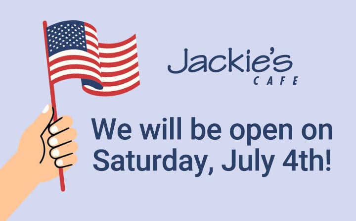 graphic with a hand holding a USA flag. Text reads that they're open on the 4th of july holiday