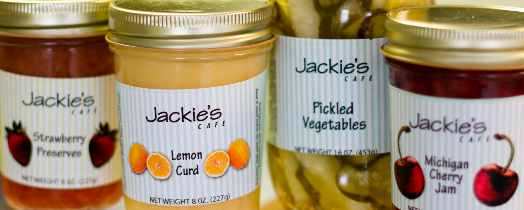 Array of Jackies Cafe jams and pickled vegetables